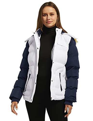 Wantdo Women's Waterproof Bubble Coats Casual Fur Hooded Puffer Jacket (White & Navy, Large)