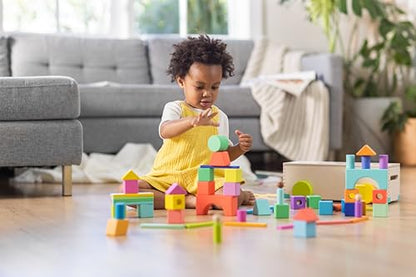 LOVEVERY | The Block Set | Solid Wood Building Blocks and Shapes + Wooden Storage Box, 70 Pieces, 18 Colors, 20+ Activities, Toddler Block Set and Converts into a Pull Car, Ages 18 to 48+ Months