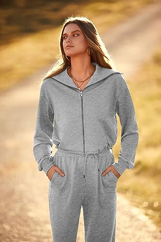 PRETTYGARDEN Women's 2 Piece Tracksuit Outfits Long Sleeve Zip Up Sweatshirt Drawstring Sweatpants Lounge Set (Grey,Medium)