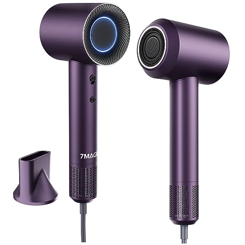 7MAGIC High-Speed Hair Dryer, 110,000RPM Brushless Motor for Fast Drying, 1400W Blow Dryer with Tri-Colour LED Light Ring, Low Noise Ionic Hair Dryer for Home and Travel, Magnetic Nozzle, Purple