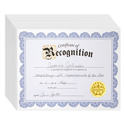 48 Sheets Blue Certificate of Recognition Award Paper with Gold Foil Sticker Seals for Graduation Diploma, Achievements, Employees (8.5 x 11 in)