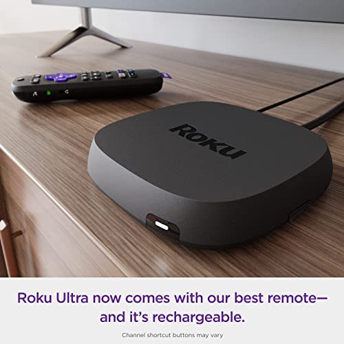 Roku Ultra | The Ultimate Roku Streaming Device 4K/HDR/Dolby Vision/Atmos, Rechargeable Roku Voice Remote Pro, Ethernet Port, Hands-Free Controls, Lost Remote Finder, Free & Live TV