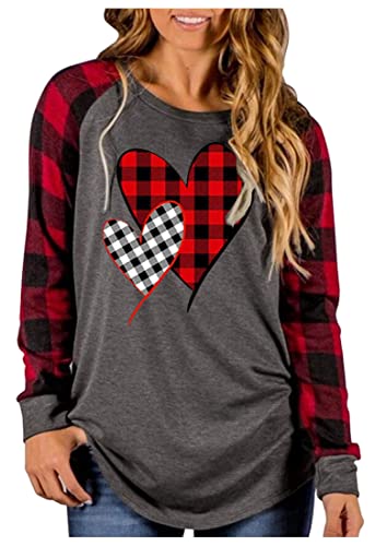 Valentine's Day Shirt Women Buffalo Plaid Love Heart Graphic Tees Letter Print Long Sleeve Tops Shirts (Grey, Medium)