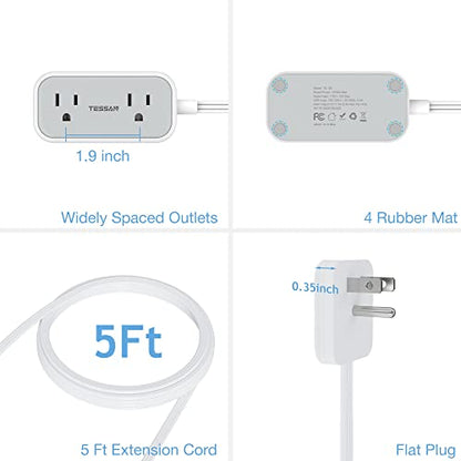 Flat Plug Extension Cord with 3 USB Ports, TESSAN Ultra Thin Power Strip with 2 AC Outlets Cruise Ship Approved, Small 5 ft Low Profile Outlet Concealer for Travel Office School Dorm Room Essentials