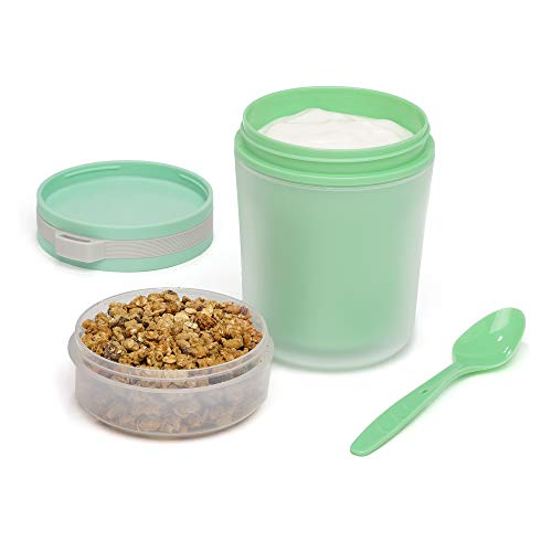 Goodful Double Wall Insulated Yogurt Container, Leak Proof Food Storage, Snack Container with Reusable Plastic Spoon, Microwave Safe, Dishwasher safe, Freezer Safe, 14-Ounce, Green