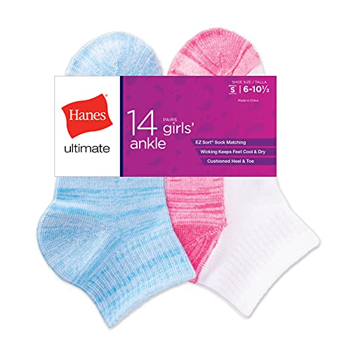 Hanes Ultimate girls Cool Comfort Ankle, 14-pack fashion liner socks, Assorted, Medium US