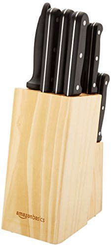 Amazon Basics 14-Piece Kitchen Knife Set with High-Carbon Stainless-Steel Blades and Pine Wood Block, Black