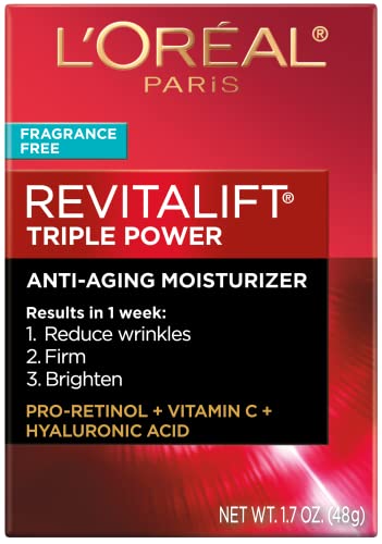 L'Oreal Paris Revitalift Triple Power Anti-Aging Face Moisturizer, Fragrance Free, Pro Retinol, Hyaluronic Acid & Vitamin C to Reduce Wrinkles, Firm & Brighten Skin, 1.7 Oz