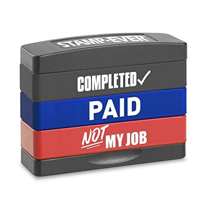 Stakz Pre-Inked Message Stamp – Completed, Paid, Not My Job -Red, Blue and Black Ink – Impression Size: 5/8” x 1-13/16”