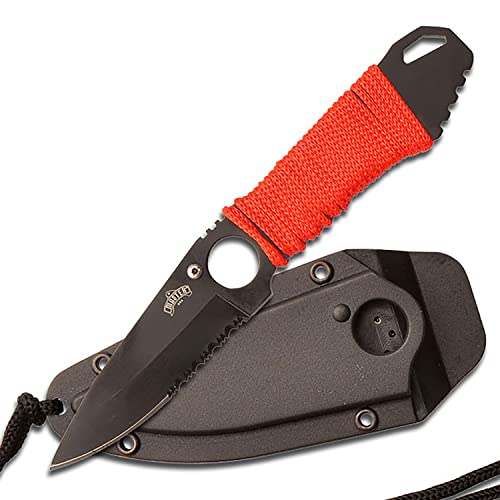 Master USA MU-1121RD Tactical Fixed Blade Neck Knife, Black Half-Serrated Blade, Red Cord-Wraped Handle, 6-3/4-Inch Overall