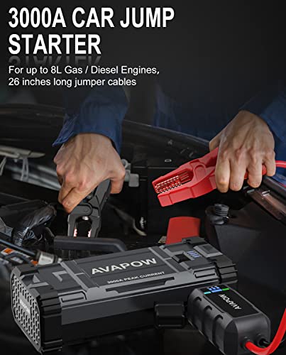 AVAPOW Car Battery Jump Starter 3000A Peak, Jumpstart with Force Start Function, Portable Starters for Up to 8L Gas 8L Diesel Engine with Booster Function,12V Lithium Jump Charger Pack Box