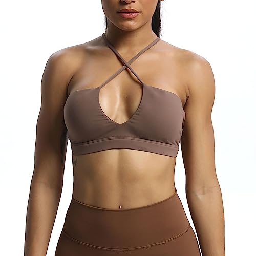 Aoxjox Women's Workout Sports Bras Jamie Deep V Fitness Backless Padded Training Gym Bra Yoga Crop Tank Top (Fudge Coffee, Medium)