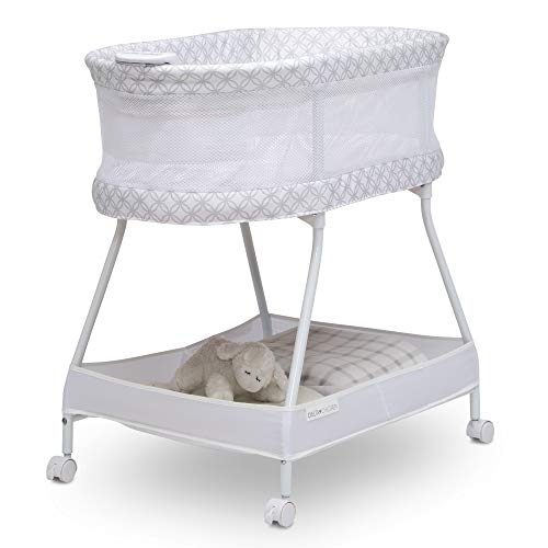 Delta Children Sweet Dreams Bassinet with Airflow Mesh Bedside Portable Crib with Vibration Lights and Music, Grey Infinity