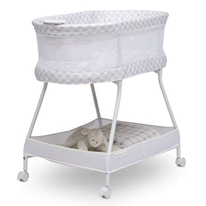 Delta Children Sweet Dreams Bassinet with Airflow Mesh Bedside Portable Crib with Vibration Lights and Music, Grey Infinity