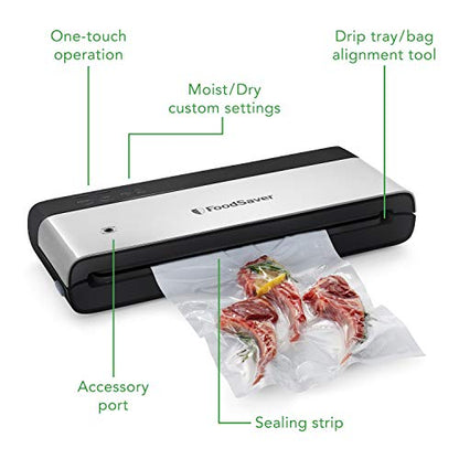 FoodSaver Vacuum Sealing Machine | PowerVac Compact Vacuum Sealer | Vertical Storage | Stainless Steel & Black | VS0150