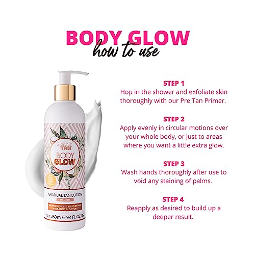 Skinny Tan Body Glow Gradual Tan Lotion - Lightweight, Fast-Absorbing Formula - Coconut and Vanilla Scent - Enriched with Aloe Vera and Guarana - Natural, Streak Free Gold Color - Medium - 9.4 oz