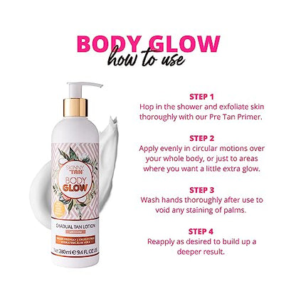 Skinny Tan Body Glow Gradual Tan Lotion - Lightweight, Fast-Absorbing Formula - Coconut and Vanilla Scent - Enriched with Aloe Vera and Guarana - Natural, Streak Free Gold Color - Medium - 9.4 oz