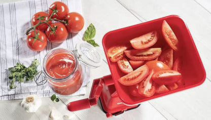 CucinaPro Tomato Strainer- Easily Juices w No Peeling Deseeding or Coring Necessary- Suction Cup Base, Food Press- Homemade Pasta Sauces, Fresh Salsas, Puree Maker- Farm to Table Summer Garden Cooking