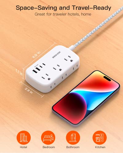 Flat Extension Cord, 5FT Flat Plug Power Strip with USB C, 6 Outlets 4 USB Ports (2 USB C) Slim Desk Charging Station, Power Strip with No Surge Protector for Cruise Ship, Dorm Room Travel Essentials