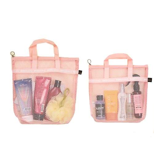 Mesh Travel Shower Caddy Tote Bag for Gym, Swim, Dorms, Bathrooms | 10"x10"x 2.5" | Pink