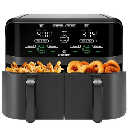 Chefman 6 Quart Dual Basket Air Fryer - Digital Touchscreen, Smart Sync Finish, Hi-Fry, Auto Shutoff, 2 Independent 3QT Nonstick Dishwasher-Safe Frying Baskets - Digital Double Air Fryer - Black