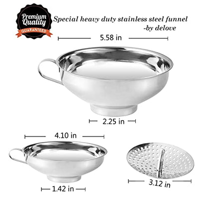 Delove Canning Funnel with Strainer for Wide and Regular Mason Jars - Wide-Mouth Funnels for Kitchen Use - Canning Supplies Kit - Stainless Steel - 3 Pack (Small and Large), (wide funnel set)