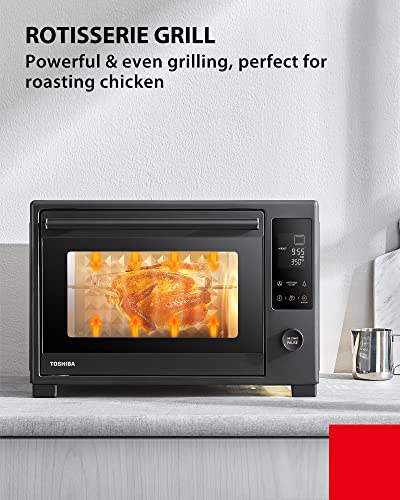 TOSHIBA Hot Air Convection Toaster Oven, Extra Large 34QT/32L, 9-in-1 Cooking Functions, Crispy Grill, Dehydrate, Rotisserie, 6 Accessories Included, 1650W, Black Stainless Steel