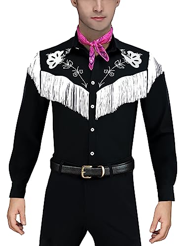 Naywig Ken Cowboy Costume With Scarf Western Long Sleeve Fringe Shirt Halloween Cosplay For Mens Boys-X-Large