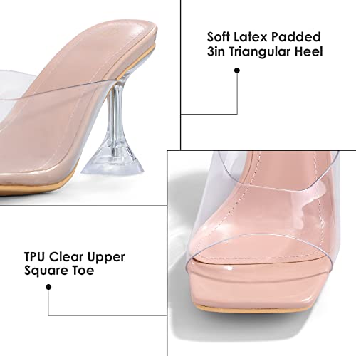 mysoft Women's Clear Heeled Sandals Square Toe Transparent Stiletto Mules Open Toe Slip on Dress Shoes