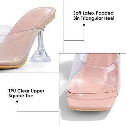 mysoft Women's Clear Heeled Sandals Square Toe Transparent Stiletto Mules Open Toe Slip on Dress Shoes