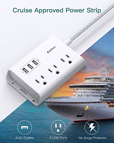 Power Strip with USB, Addtam ETL Certificate Flat Plug Extension Cord with 3 USB Ports, 3 Widely Spaced Outlets, 5 Feet Braided Cord, Desktop Small Travel Power Strip for Cruise Ship, Home, Office