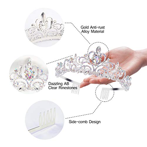 Araluky Silver Tiara and Crown for Women，Jeweled Elegant AB Rhinestones Princess Tiara Costume with Combs Bridal Wedding Prom Birthday Aurora Crown and Rapunzel Girls Tiara gifts for women