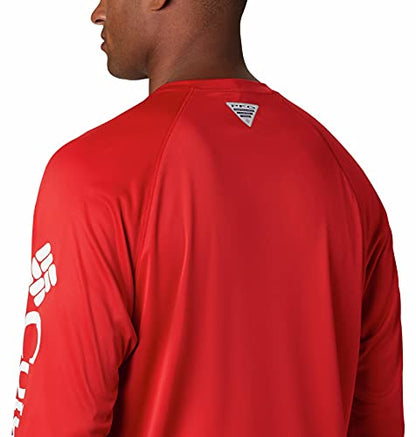 Columbia Men's Terminal Tackle Long Sleeve Shirt, Red Spark/White Logo, Large