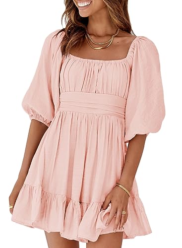 Dokotoo Women's Square Neck Off The Shoulder Dresses Lantern Sleeve Tie Backless Sexy Dresses Ruffle A-Line Casual Dress Shirred Elastic Waist Pink Dress for Women Medium