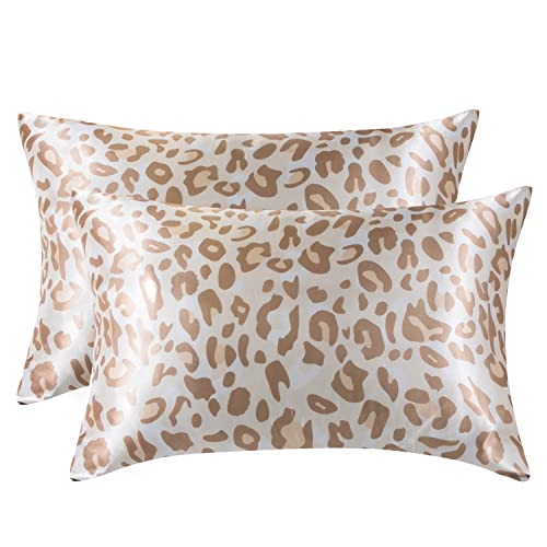 MR&HM Satin Pillowcase for Hair and Skin, Silk Satin Pillowcase 2 Pack, Queen Size Pillow Cases Set of 2, Silky Pillow Cover with Envelope Closure (20x30, Taupe Leopard)