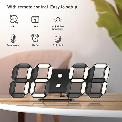 EDUP HOME 3D LED Clock Desk Alarm Clock Wall Clock with Remote Control, 9.7" LED Electronic Clocks, Snooze Model, Temperature, Night Light Auto/Custom Brightness