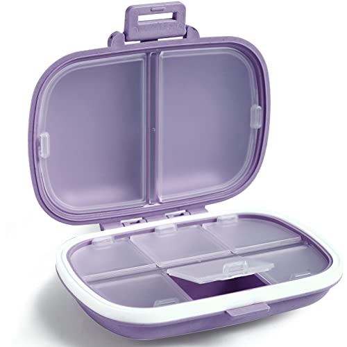 Holii Travel Pill Organizer, 8 Compartments Portable Pill Case, Daily Pill Box to Hold Vitamins, Small Pill Container for Pocket Purse Medicine Organizer（Purple）