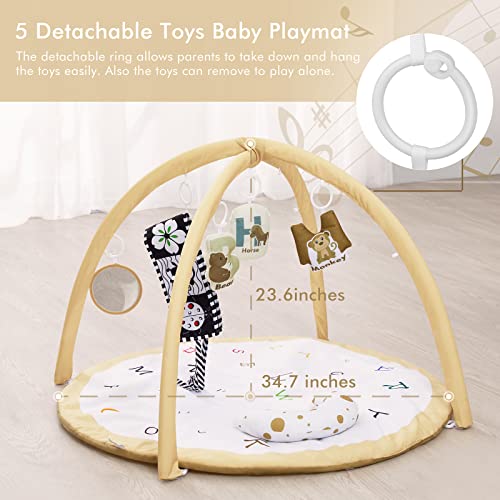 ANGELBLISS Baby Play Gym Mat, Kick & Play Tummy Time Baby Activity Gym & Play Mat with 5 Toys, 1 Detachable Piano, Tent Cover & Pillow, Boy & Girl Gifts for Newborn to Toddler