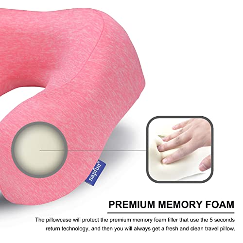 napfun Neck Pillow for Traveling, Upgraded Travel Neck Pillow for Airplane 100% Pure Memory Foam Travel Pillow for Flight Headrest Sleep, Portable Plane Accessories, Rose