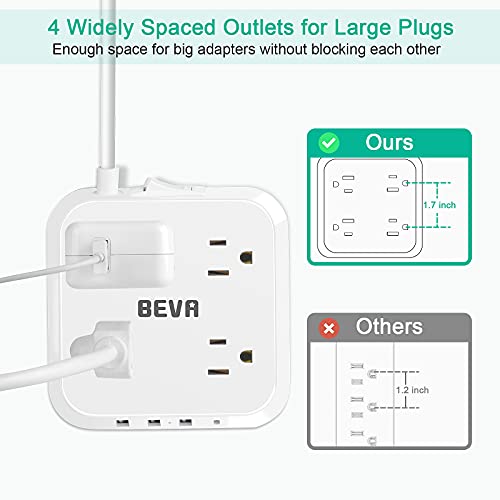 Power Strip with USB C, 4 Widely Spaced Outlets and 4 USB Ports 5 FT Extension Cord, BEVA Surge Protector Power Strip Mountable USB Power Strip 1250W/10A for College Essentials Dorm Room Essentials