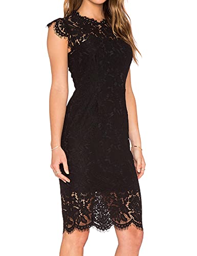 MEROKEETY Women's Sleeveless Lace Floral Elegant Cocktail Dress Crew Neck Knee Length for Party A-Black