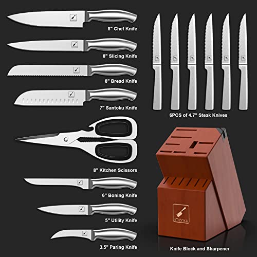 Knife Sets for Kitchen with Block, imarku Knife Set 15-Pieces High Carbon German Steel Kitchen Knife Set, Ultra Sharp Knife Block Set with Built-in Sharpener, Silver