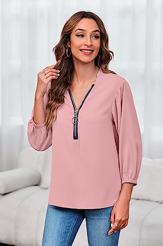 Cnkwei Womens V-Neck Lantern Sleeve Blouse Zipper Design Loose Casual Top Shirts Light Pink