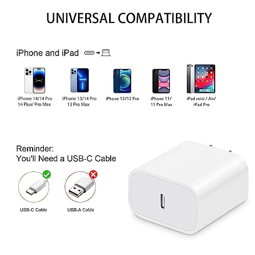 iPhone Charger 20W PD USB C Wall Fast Charger Adapter with 3Pack USB C Cable Compatible with iPhone 14/14 Pro/14 Pro Max/14 Plus/13/12/11, iPad Pro and More
