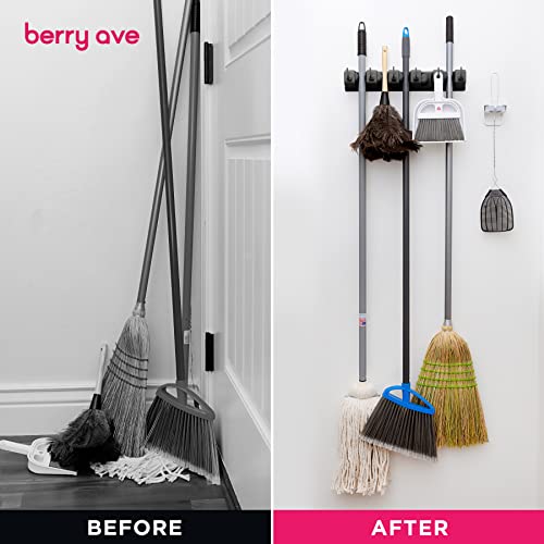 Berry Ave Broom Holder & Wall Mount Garden Tool Organizer - Home Laundry Room, Kitchen, Closet, Shed, Garage Organization and Storage Utility Rack - 5 Slots & 6 Hooks -Rake, Shovel, Mop Hanger (Black)