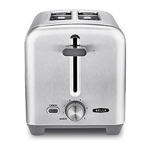 BELLA Stainless Steel 2 Slice Toaster with Extra Wide Slots & Removable Crumb Tray - 6 Browning Options, Auto Shut Off & Reheat Function - Toast Bread, Bagel & Waffle