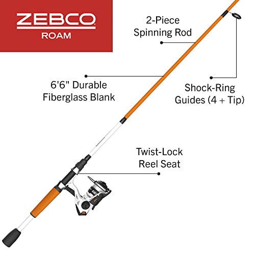 Zebco Roam Spinning Reel and Fishing Rod Combo, 6-Foot 6-Inch 2-Piece Fiberglass Fishing Pole, Split ComfortGrip Rod Handle, Soft-Touch Handle Knob, Size 30 Reel, Aluminum Spool, Orange