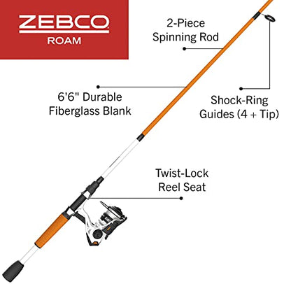 Zebco Roam Spinning Reel and Fishing Rod Combo, 6-Foot 6-Inch 2-Piece Fiberglass Fishing Pole, Split ComfortGrip Rod Handle, Soft-Touch Handle Knob, Size 30 Reel, Aluminum Spool, Orange