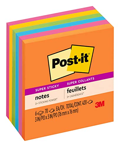 Post-it Super Sticky Notes, 3x3 in, 6 Pads, 2x the Sticking Power, Energy Boost Collection, Bright Colors (Orange, Pink, Blue, Green,Yellow),Recyclable (654-6SSAU)