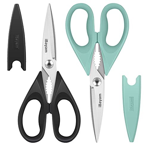 Kitchen Poultry Shears, iBayam Meat Scissors Heavy Duty Dishwasher Safe Food Cooking Shears All Purpose Stainless Steel Utility Scissors, 2-Pack, Black, Aqua Sky